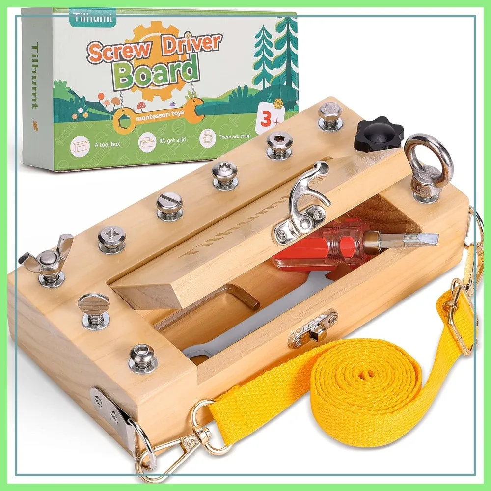 

Montessori Screwdriver Board Set - Portable Busy Board Toy with Carry Strap & Storage Box, Educational Nut/Bolt Tools for Toddlers
