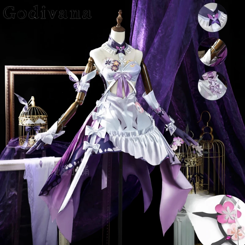 Damski Zestaw Uniformu na Imprezę Fantazyjna Fioletowa Sukienka Halloweenowa Peruka Gra Cosplay Kostium Długie Ubrania Nakrycie Głowy Karnawał Sukienka dla Dziewcząt