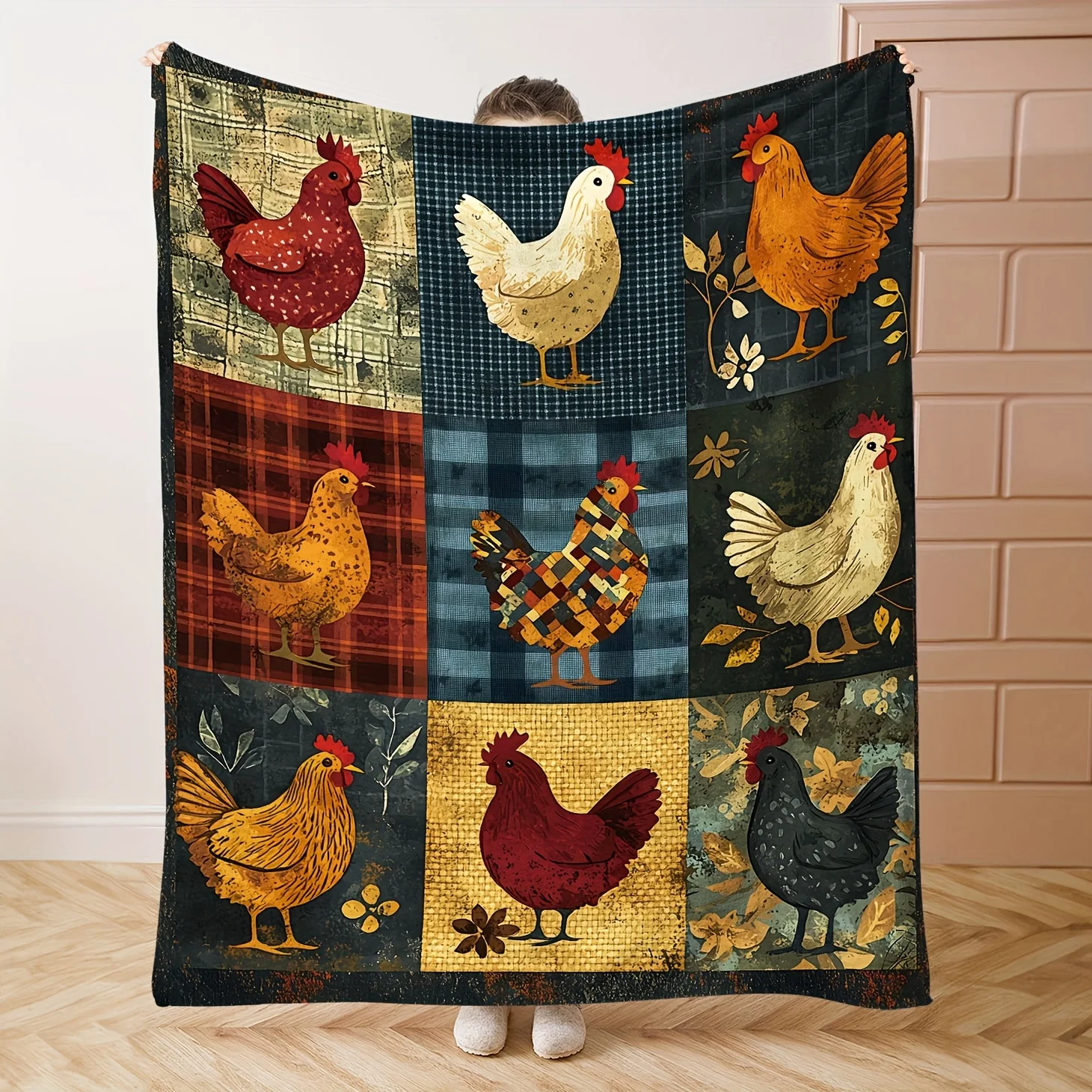 Rustic Hand Painted Chicken Flannel Blanket Colorful Patchwork Style Cozy Soft Throw for Living Room Bedroom Decor