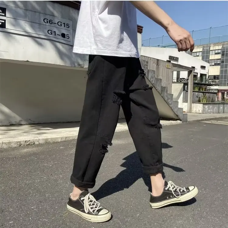 Plones vaqueros ajustados rasgados de moda para hombre, estilo fino de verano, informs, sueltos, de pierna recta, ne...