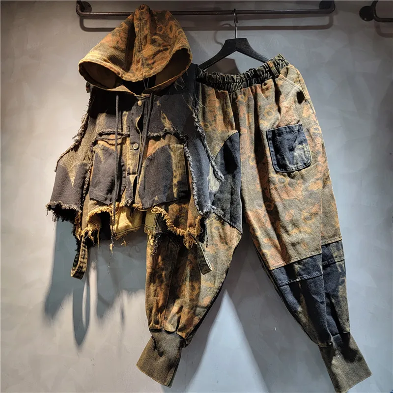 

Chic Women Leopard Printed Patchwork Hooded Denim Waistcoat Jeans Vest Sleeveless Jacket Cowboy Cardigan + Harem Pants 2Pcs Set