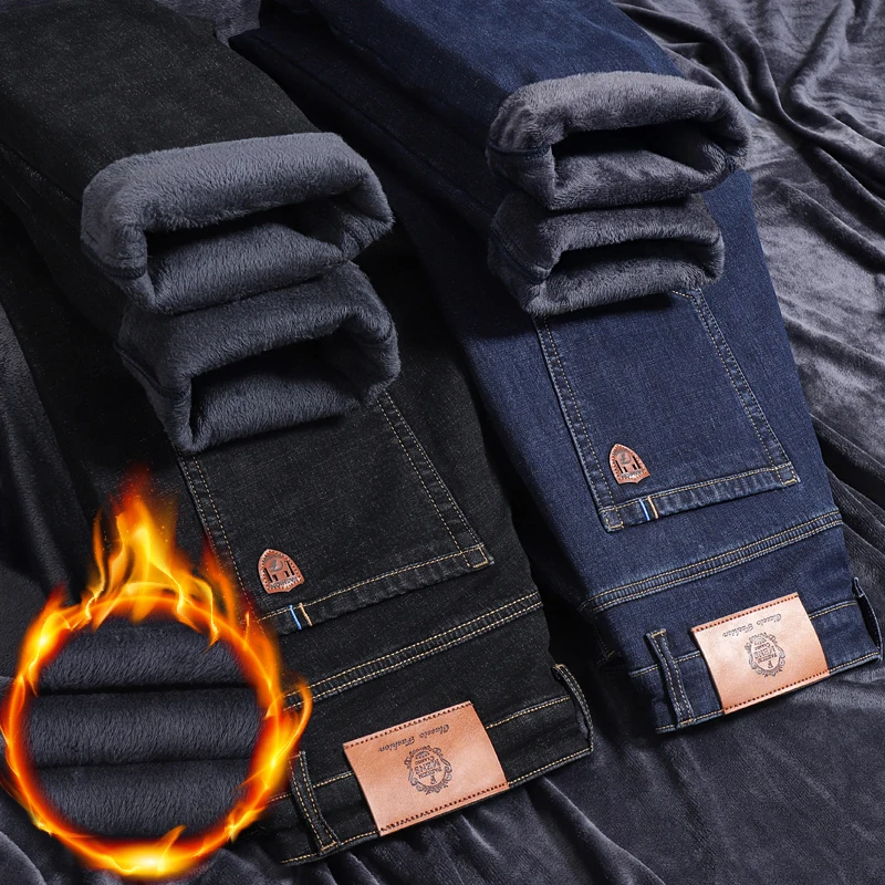 Jeans caldi da uomo Nuovo stile invernale Stile classico Business Denim Casual Addensare Pantaloni in denim slim fit Pantaloni elastici blu neri