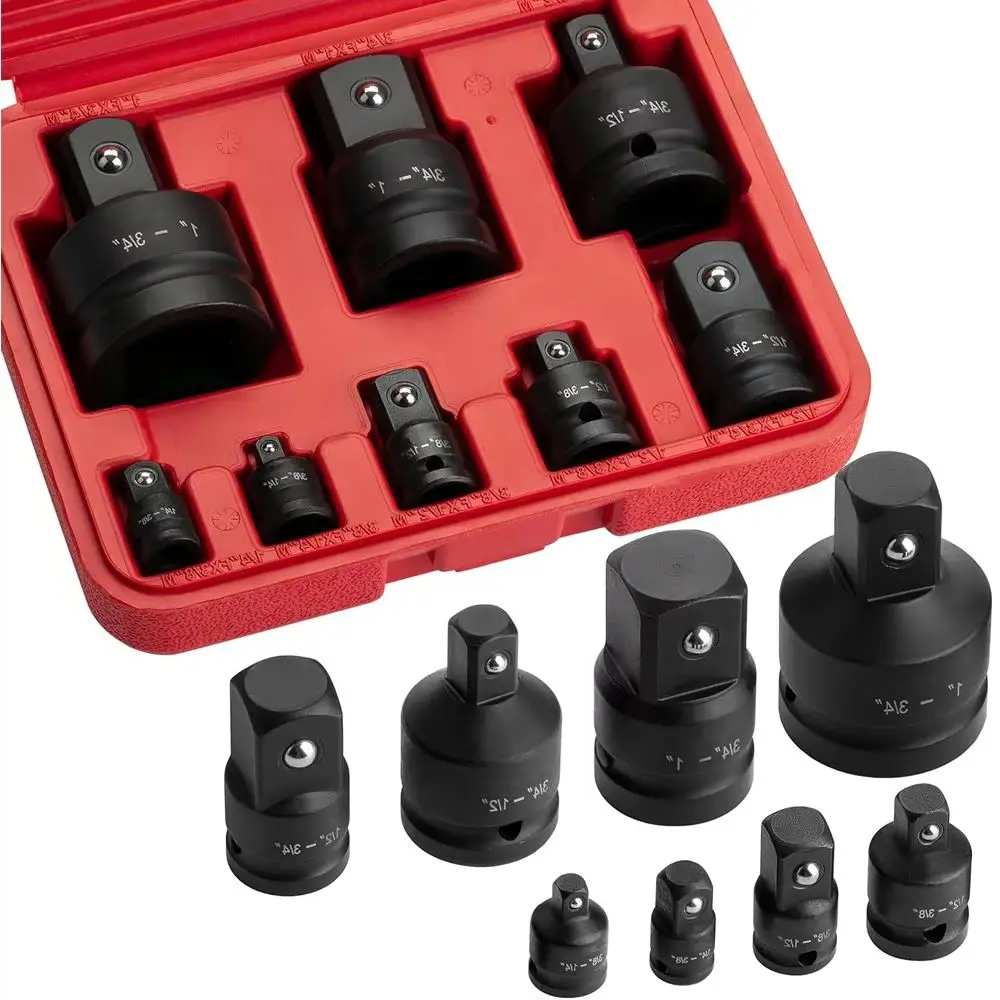Jeu d'adaptateurs de clé à douille à percussion professionnelle 4/6/8/10, 1/4 3/8 1/2 3/4 pouces, adaptateur d'entraînement carré, outil de clé réducteur ﻿ avec étui