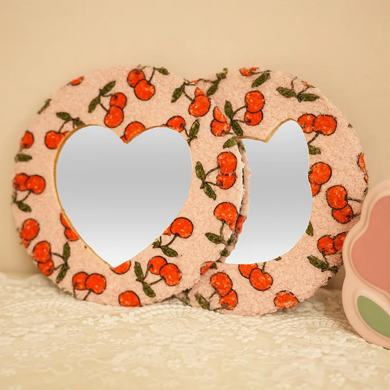 

18cm Round Plush Decorative Mirror Love Makeup Mirror Cat Head Desktop Single-sided Acrylic Glass Mirror Desktop Vanity Mirror