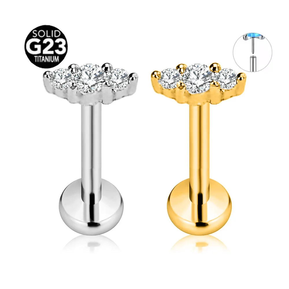 

ASTM F136 G23 Titanium Three Round CZ Zircon Threadless Piercing Pin Push in Labret Stud Conch Daith Tragus Earring 16G 18G 20G