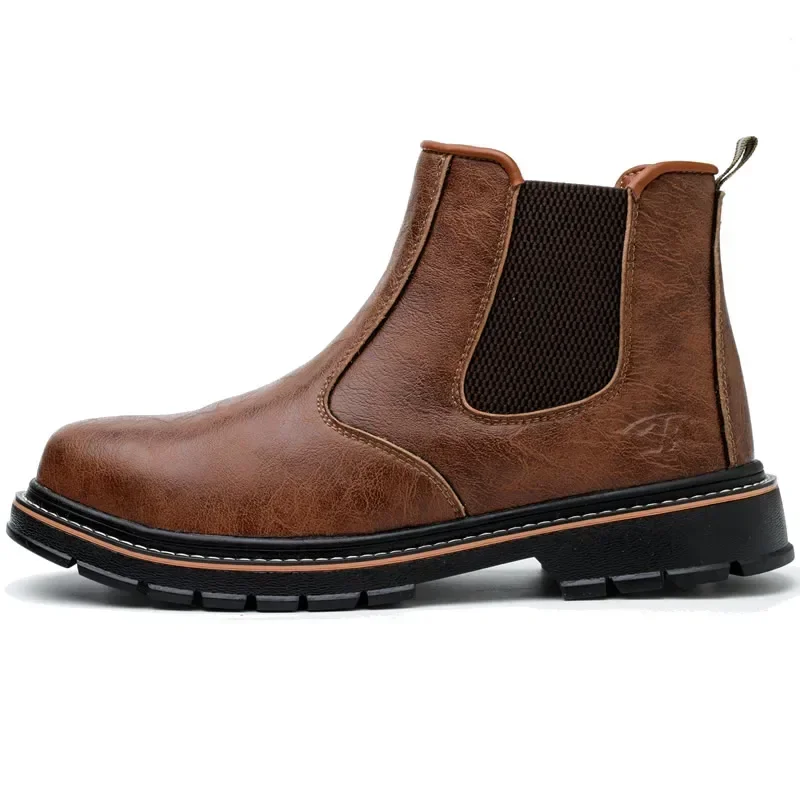 

Men Waterproof Steel Toe Safety Boots Leather Work Shoes Indestructible Construction Footwear Durable Brown Protective Shoes