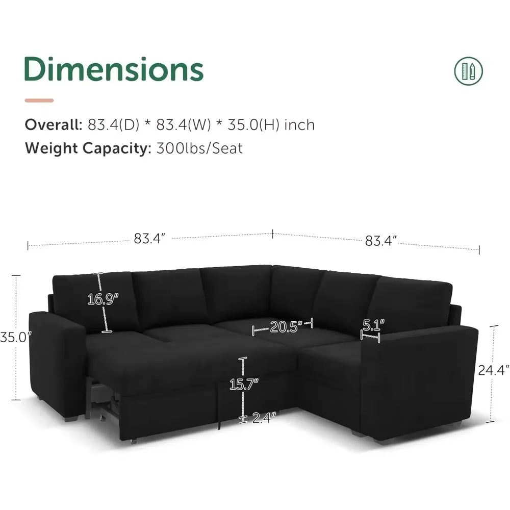 Modular Segmented Sleeper Sofa with Pull-out Bed, Velvet L-shaped Segmented Sofa, and Storage Seat Living Room Furniture