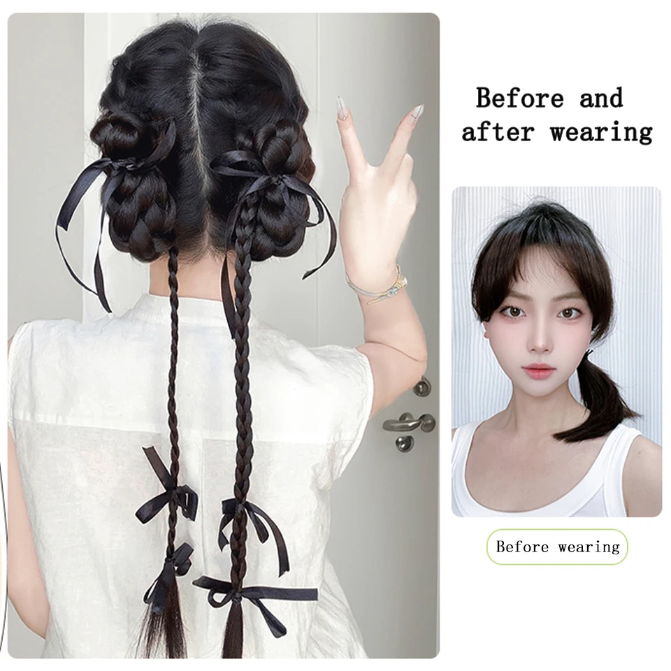 BEAUTYENTER Ball Head Wig Claw Clip Bow Ribbon Bun Gentle Half-tied All-match Ponytail Wig Bun