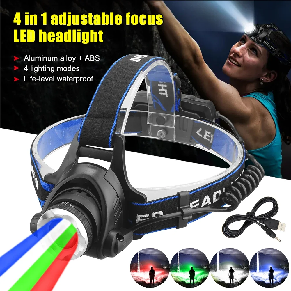 LED four light source telescopic focus Headlamp Waterproof Head Light Rechargeable Fishing Searching Camping Head Flashlight