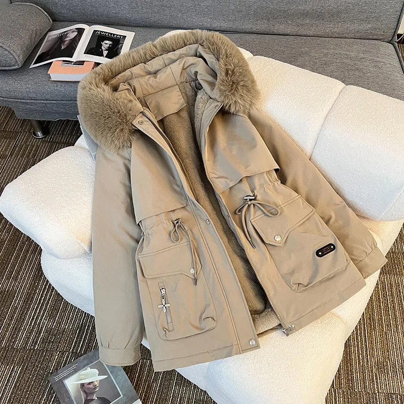 2026 Plush Thicken Parka Jacket New Winter Warm Korean Edition Loose Cotton Coats Female Big Faux Fur Collar Hooded Parker Overc