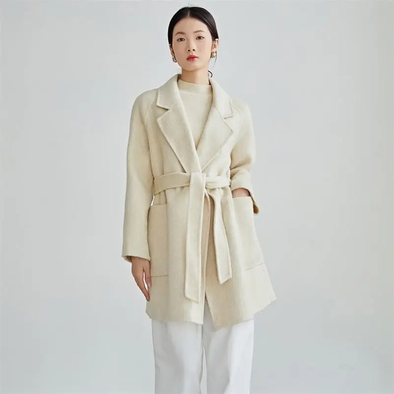 

Белое двустороннее шерстяное пальто, женский осенне-зимний халат, простое и модное шерстяное пальто на шнуровке
