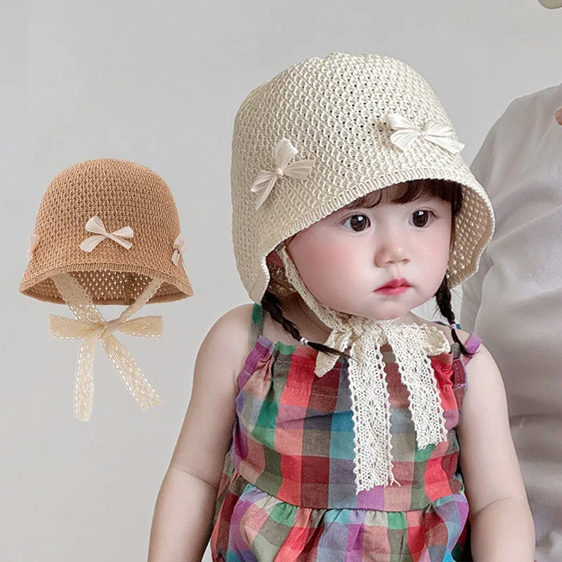 

Соломенная шляпа для маленьких девочек, летние солнцезащитные шляпы, милая милая кепка с бантом, полые дышащие панамы, детские солнцезащитные козырьки для детей 6-36 месяцев
