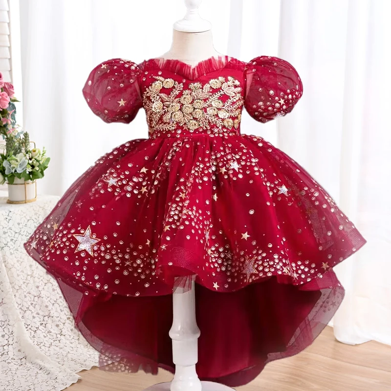 The new hot wedding flower girl dress sequins net gauze performance costume 3-11 year old girl dragging sequin tulle party dress