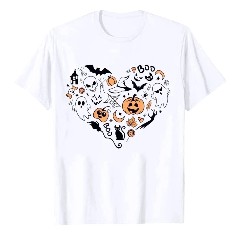 Halloween Heart Shape Doodle Collage Graphic T‑Shirt Women Pumpkin Ghost Bat Black Cat Witch Hat Print Casual Clothes