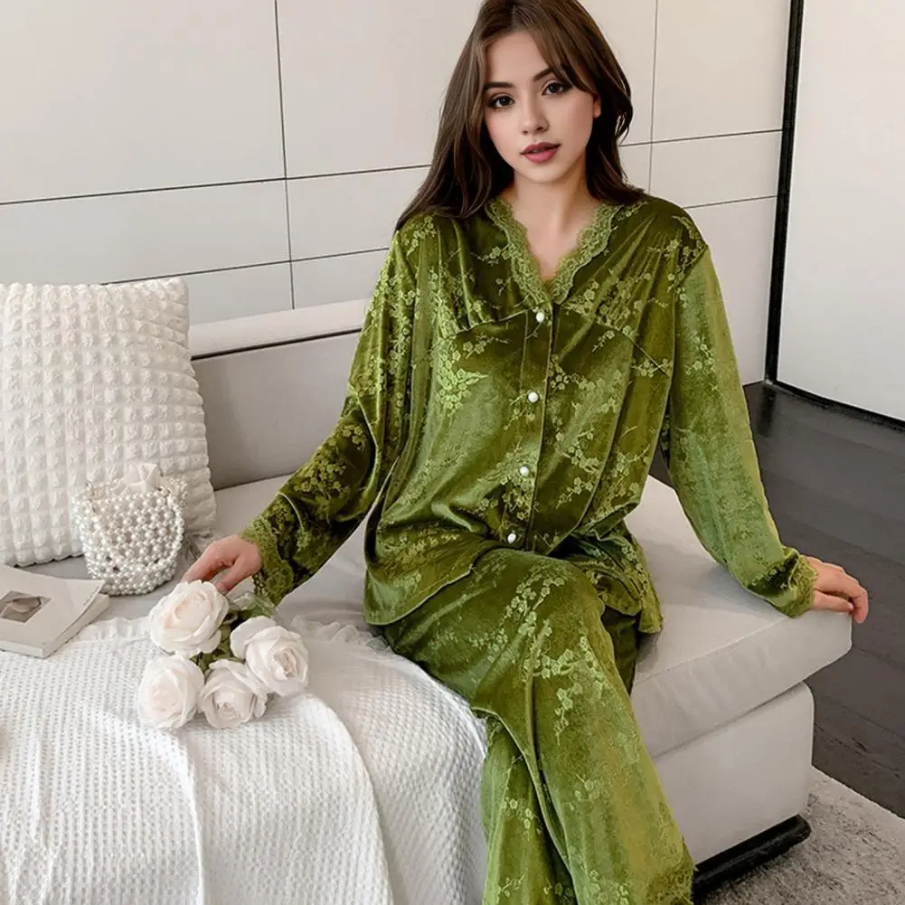 

Women Pajama Set Cozy Lace Trim Pajama Set for Women V Neck Coral Fleece Top Elastic Waist Trousers Fall Winter for Home