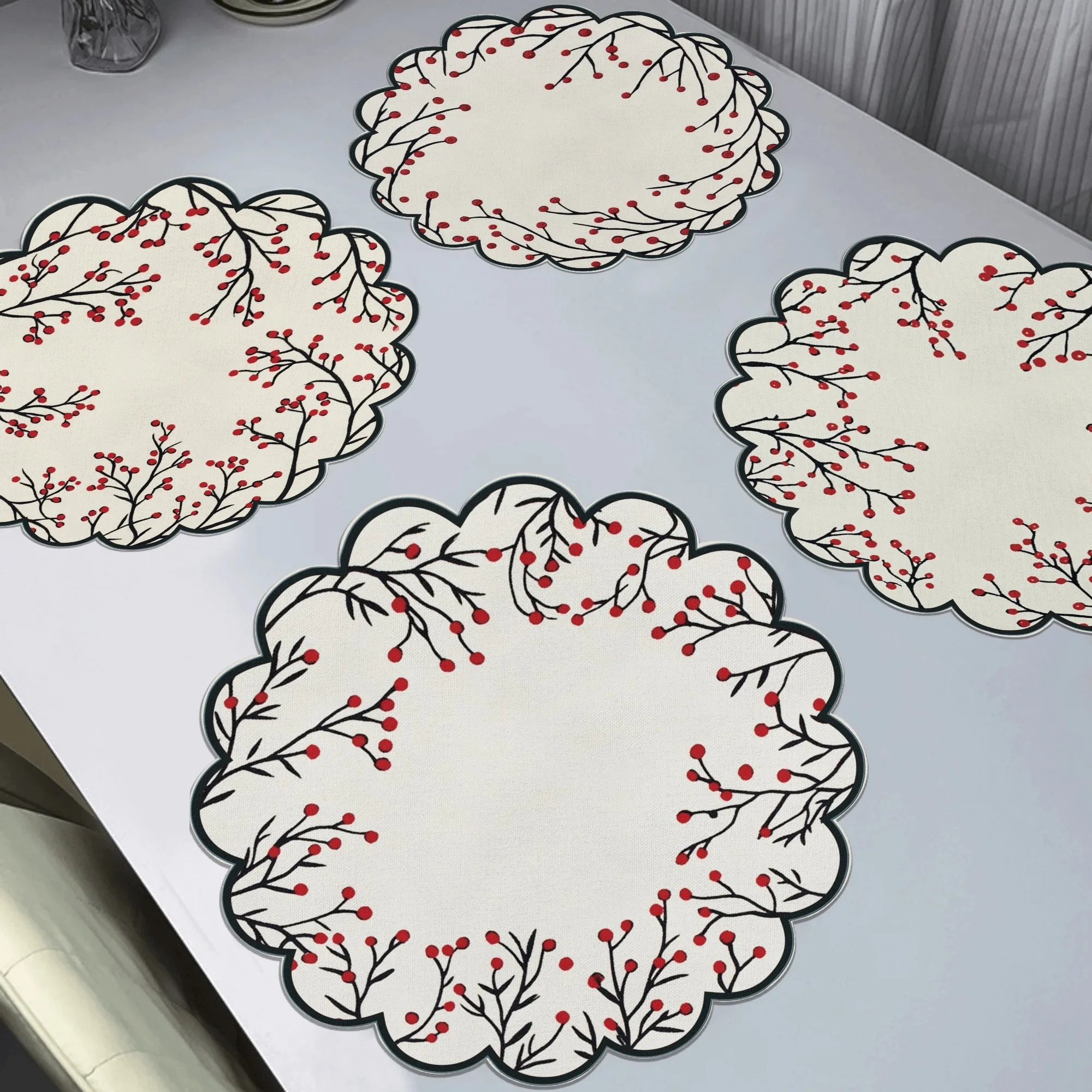 VIKAMA 4PC Natural Branch Red Fruit Placemats with Wavy Edges - Minimalist Style Home Table Decor and Accessories