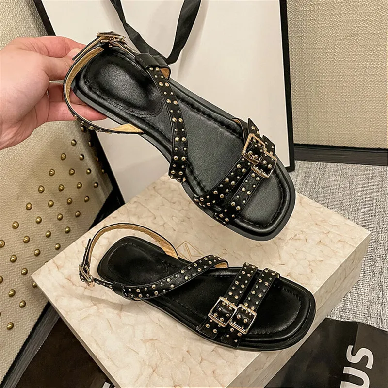 2023 Summer Sandals Women Split Leather Shoes Open Toe Low Heels Sandals for Women Metal Rivet Decoration Cowhide Women Sandals