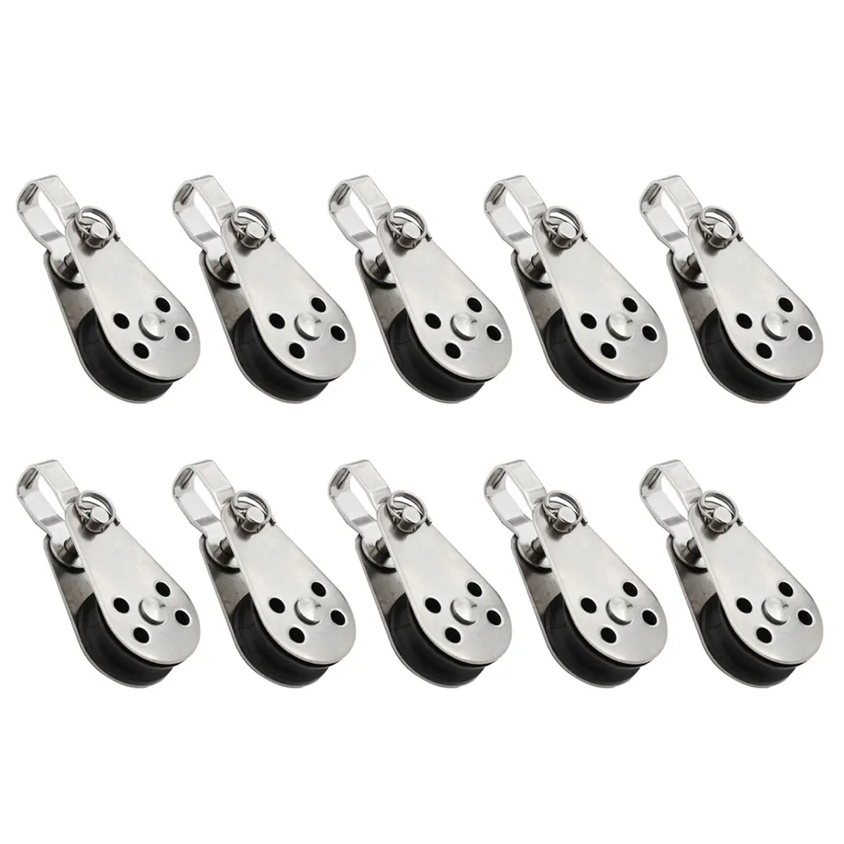 Promotional-10Pcs 316 Stainless Steel Swivel Eye Wire Rope Pulley Block Single Wheel Single Nylon Sheave Pulley Block Boat
