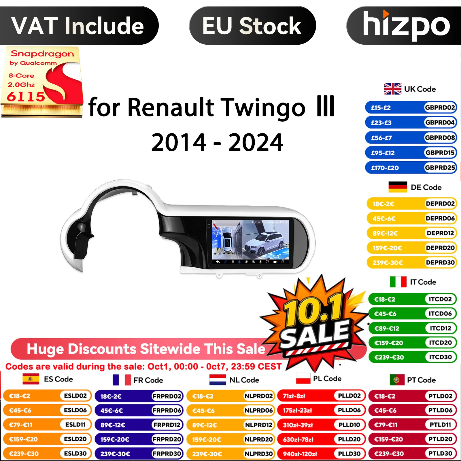 Hizpo Snapdragon Autoradio Carplay Android per Renault Twingo III 2014-2024 Lettore video multimediale Auto Stereo Navigazione GPS DSP
