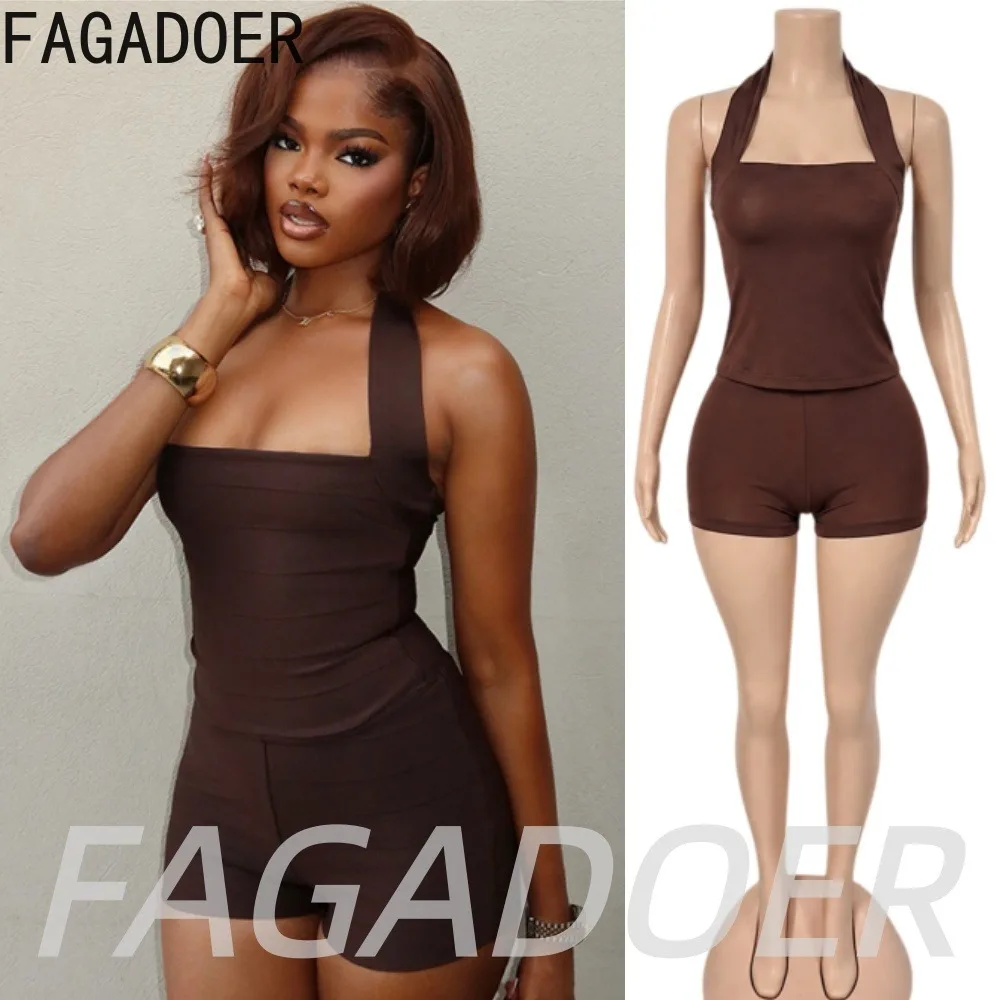 FAGADOER Sexy Halter 2 Piece Sets Fashion Brown Off Shoulder Halter Backless Tank Top+High Waist Shorts Outfits Women Tracksuits