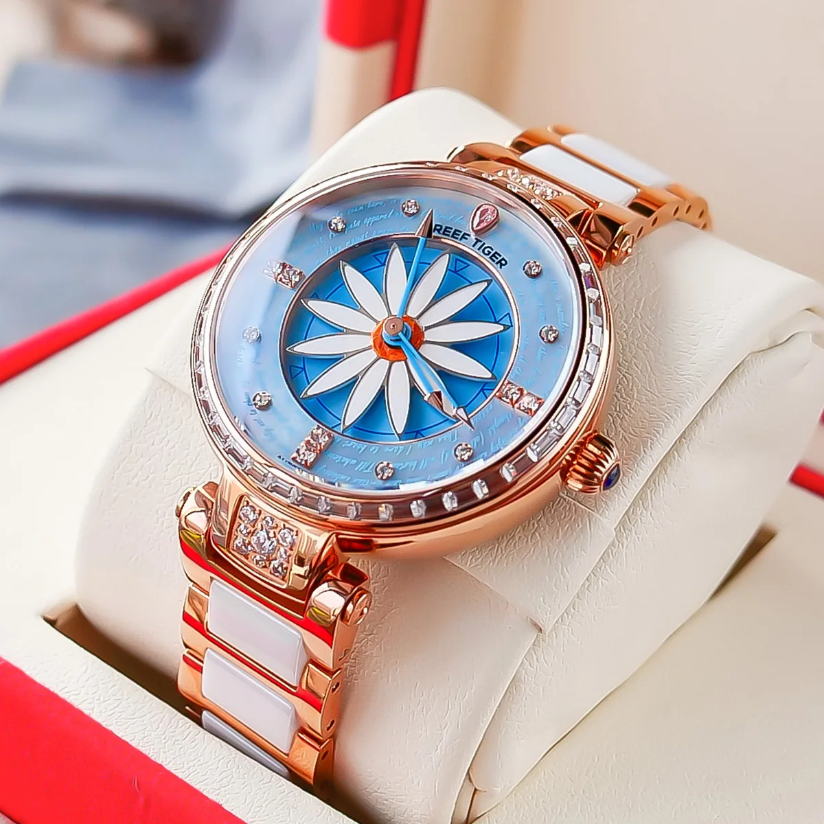 Reef Tiger/RT Fashion Lily Women Watch Rose Gold Diamonds Bezel Waterproof Watches Ceramic Strap Automatic Mechanical Watches