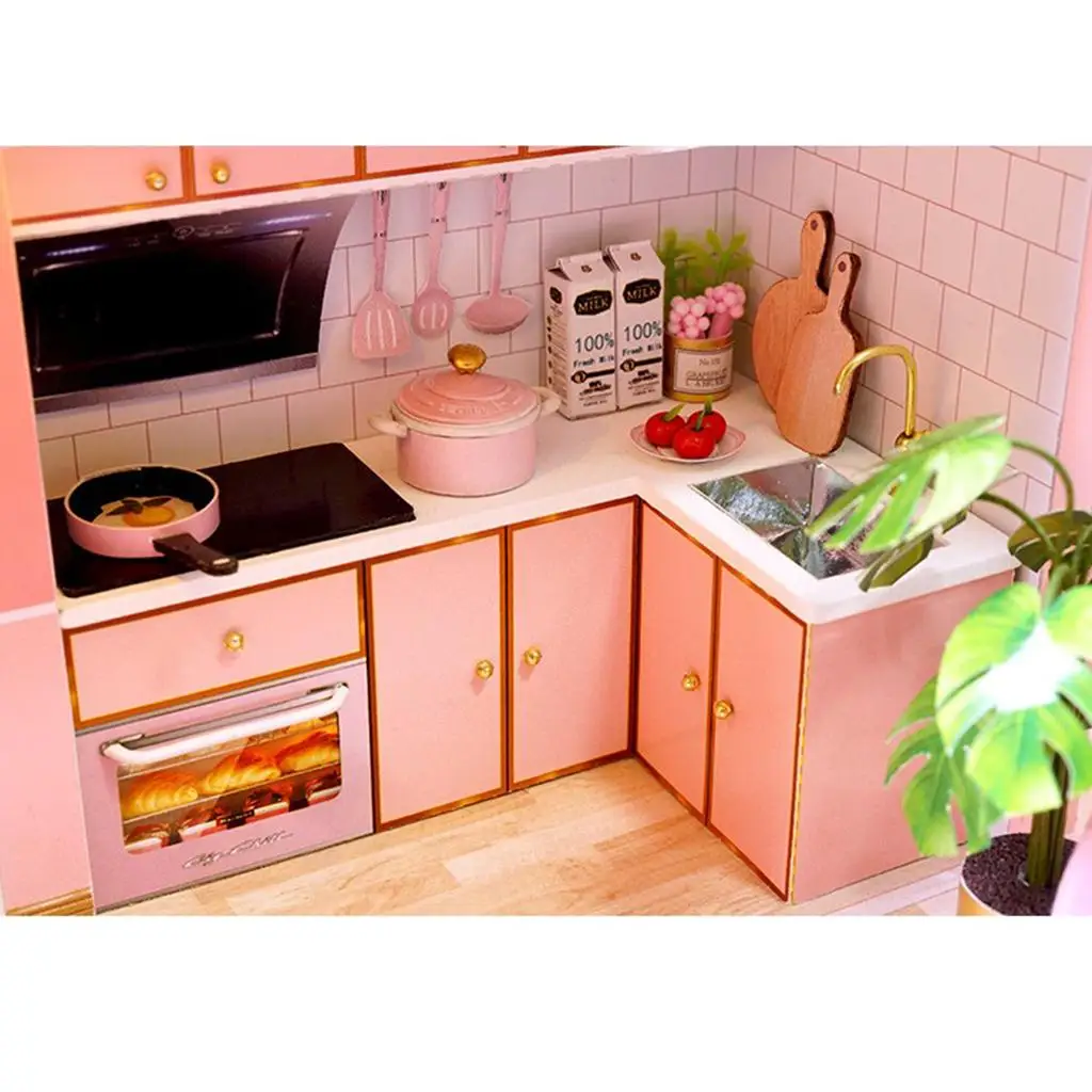 1/24 DIY Miniature Dollhouse Wooden Furniture Kit Pink Bedroom Hand Toys for Girls Creative Craft House Kids