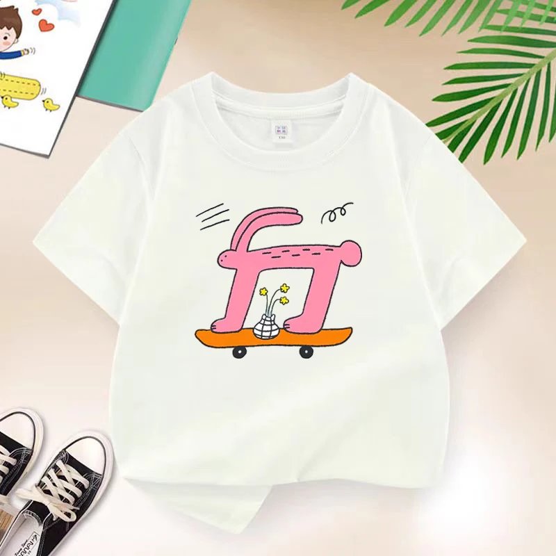 

Kids Summer Brand Rabbit Skateboarding T-shirt Print Boys Tshirt Children Short Sleeve T Shirt Cotton Tee Children Clothes