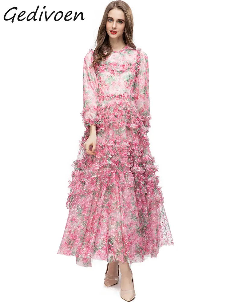 

Gedivoen Summer Fashion Designer Vintage Floral Print Dress Women O-neck Three-quarter Sleeve High Waist Mesh Ruffles Long Dress