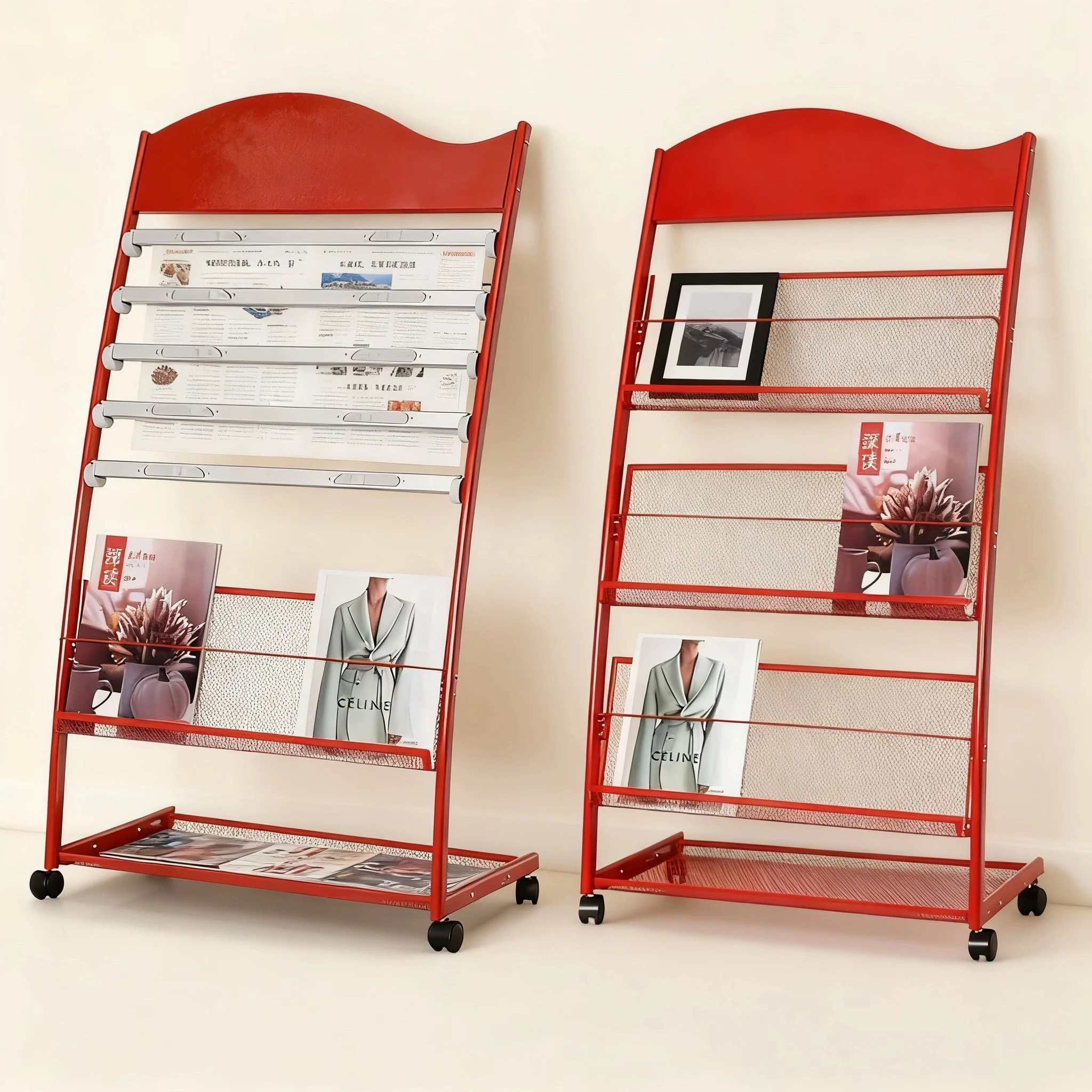 Red newspaper rack, newspaper magazine  promotional materials  r ack, newspaper ra ck, floor-to-ceiling office iron book shelf