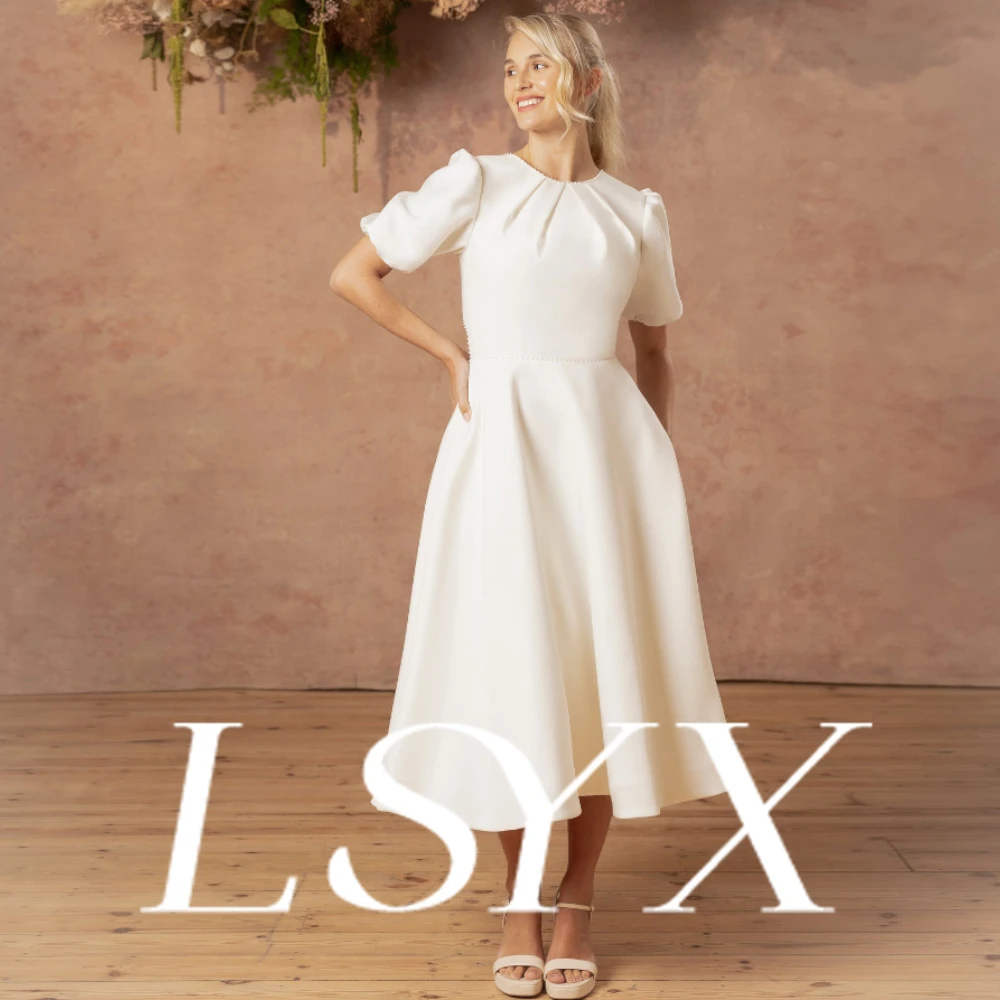 

LSYX Customized Wedding Dress Bridal Puff Sleeve Square Neck Midi Length Back Bow Cut Out A Line Satin Skirt Elegant Stylish
