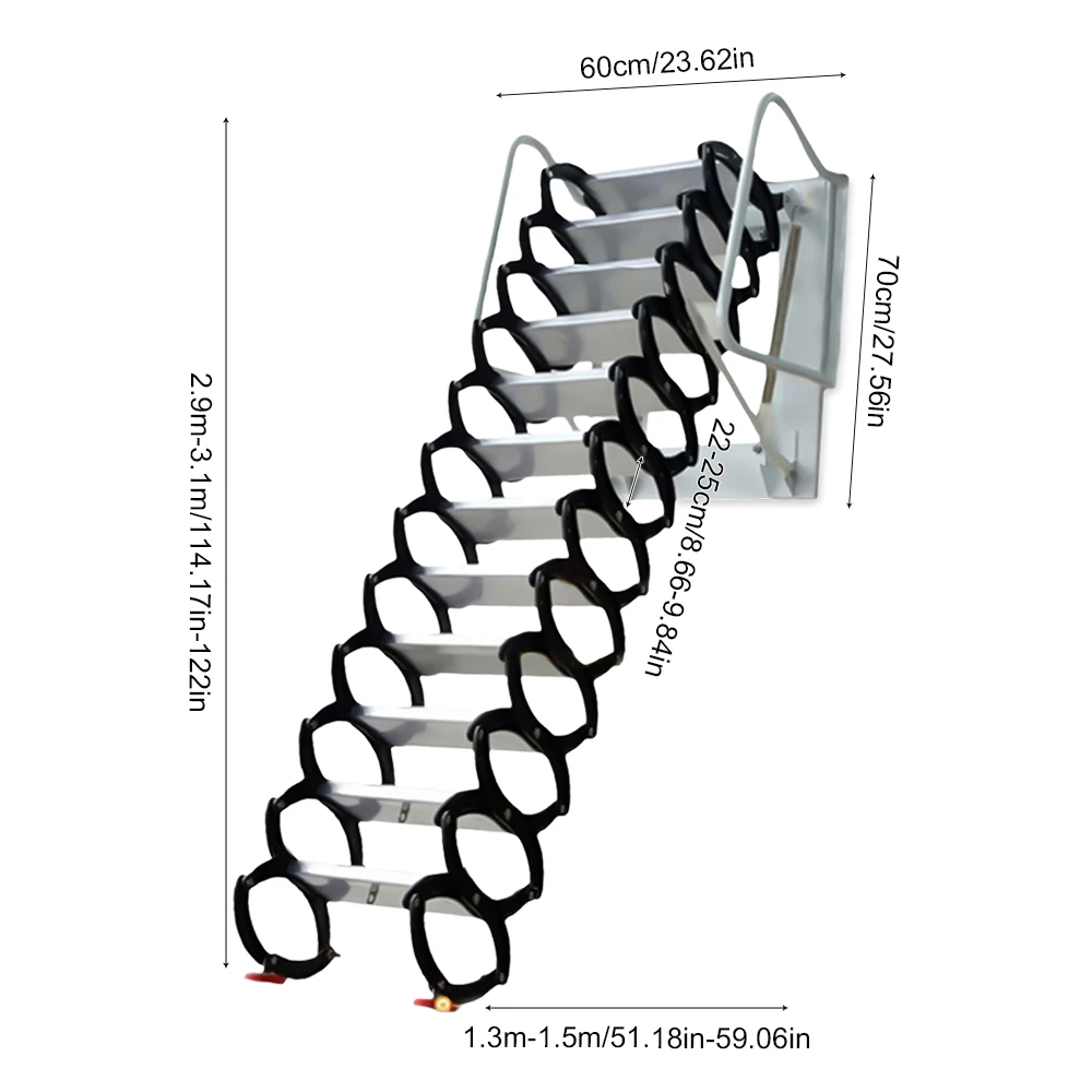 12단계 접이식 벽걸이형 계단 사다리 - 최대 높이 10.17피트, 알루미늄 합금, 설치가 용이함, 공간 절약형 디자인