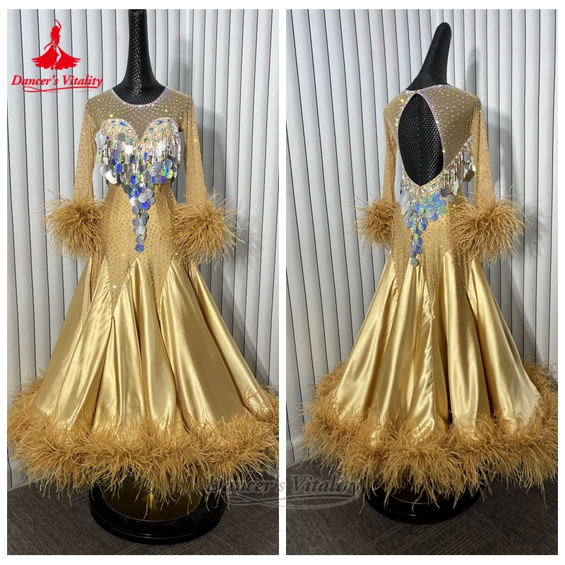 الكبار والطفل الرقص الاجتماعي الترتر الديكور ريشة نمط كبير سوينغ فساتين مخصصة النساء الفالس أداء الملابس حيوية الراقصة