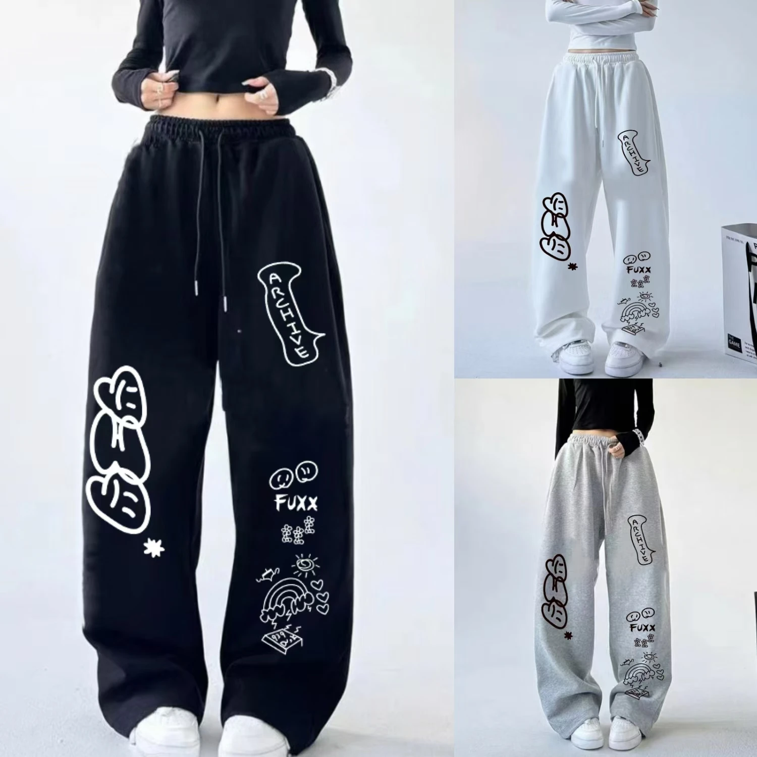 Korean Kawaii Sweet Cute Letter Print Women Pants High Waist Vintage New Drawstring Design Long Trousers Casual All-match Pants