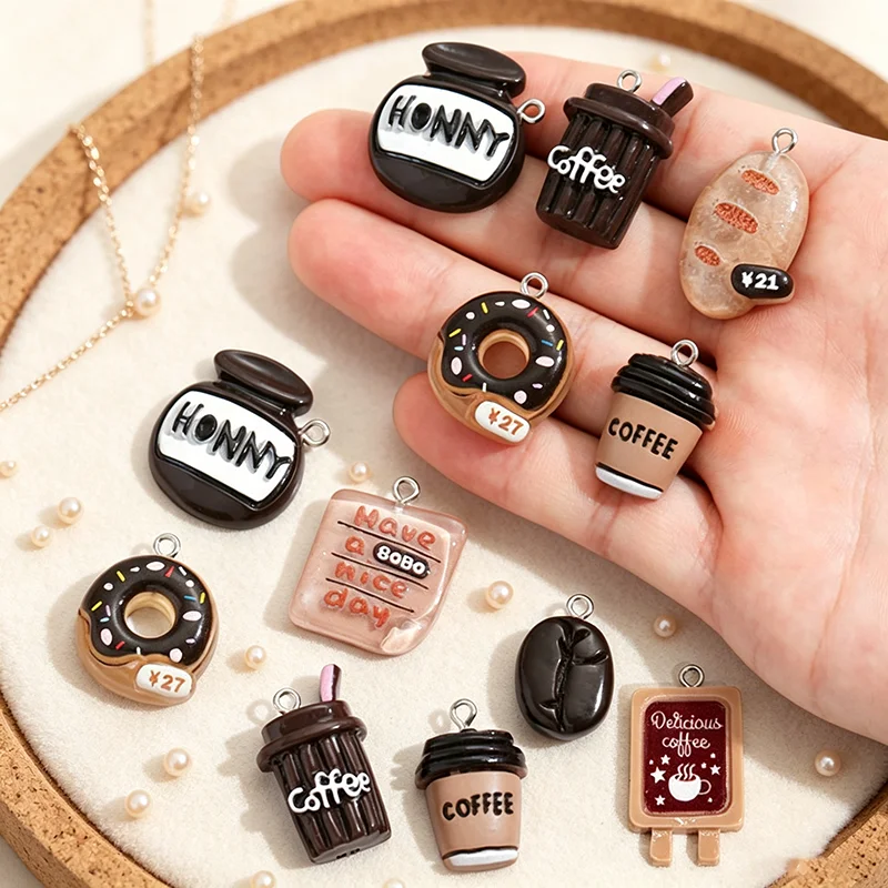 15Pcs/Pack Simulation Mini Food Play Pendant Accessories Resin Coffee Bean Billboard Cup DIY Phone Case Keychain Decoration