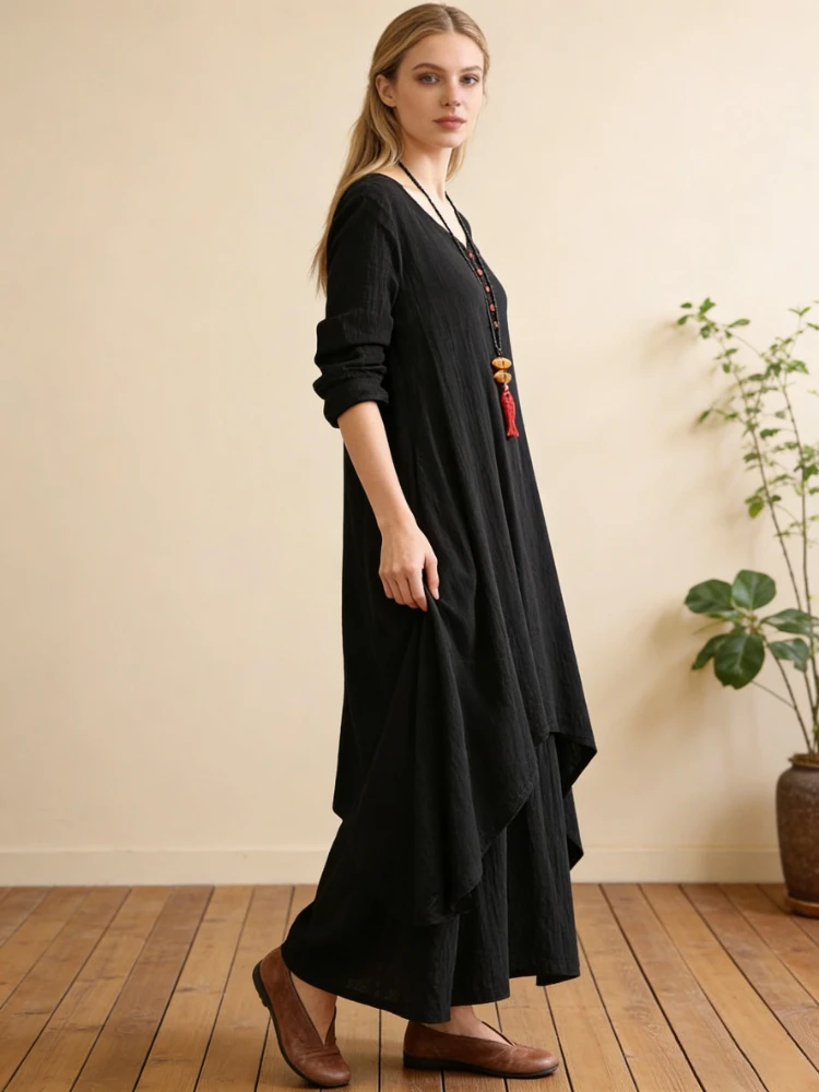 Abito estivo elegante in lino maxi tinta unita Abito casual a maniche lunghe con scollo a V Abito ampio Boho Abiti vintage con orlo asimmetrico