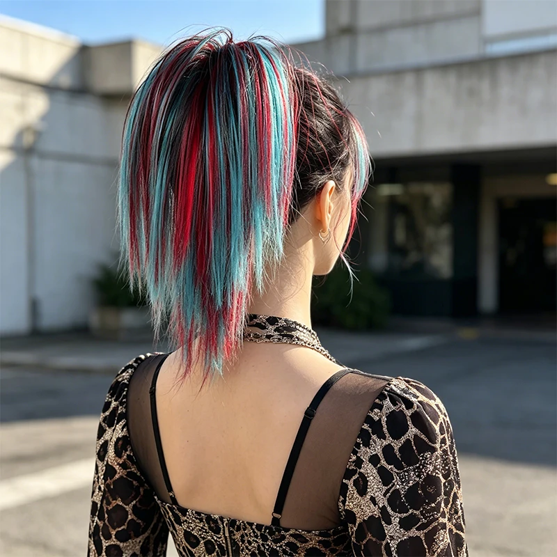 Synthetic Fiber High Ponytail with Big Claw Clip – Vibrant Red & Blue Ombre, Easy Clip-On for Instant Volume & Edgy Style