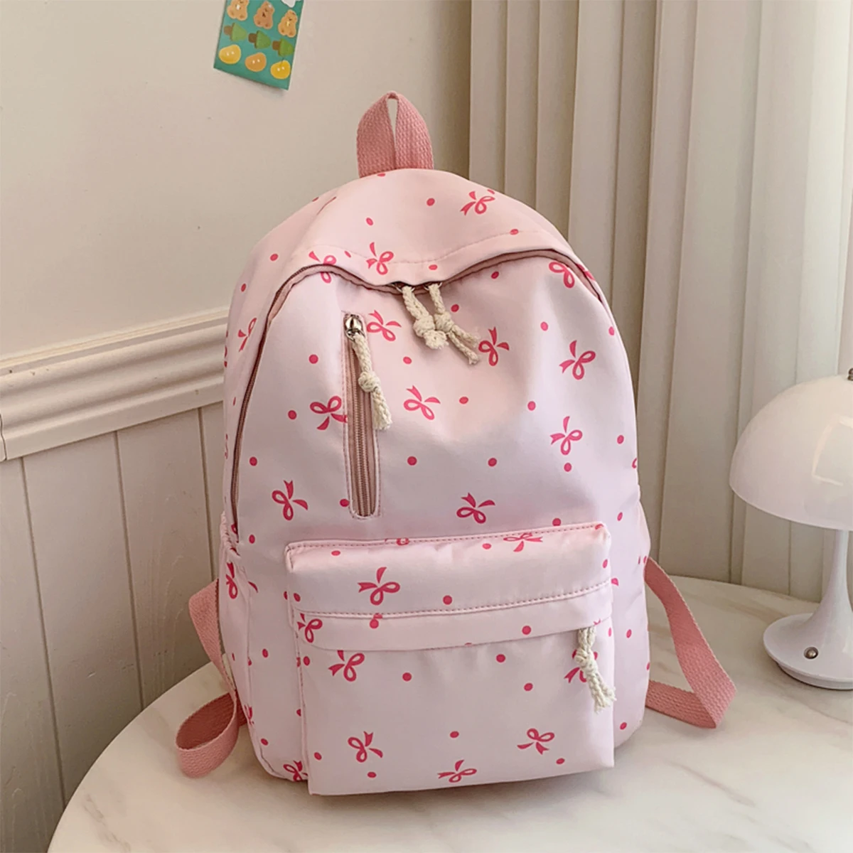 Back To School Season Playful Bow Print Backpack Quilted Multi-Pocket Adjustable Straps  Large Capacity Backpack for Daily Use