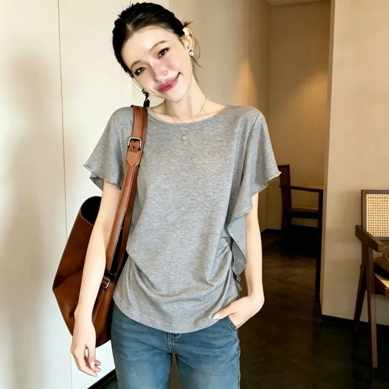 Ruffles Simplicity Pleated Short Sleeve Casual Tops Women Clothing Summer New Short Sleeve Solid Fashion T Shirts Office Trend