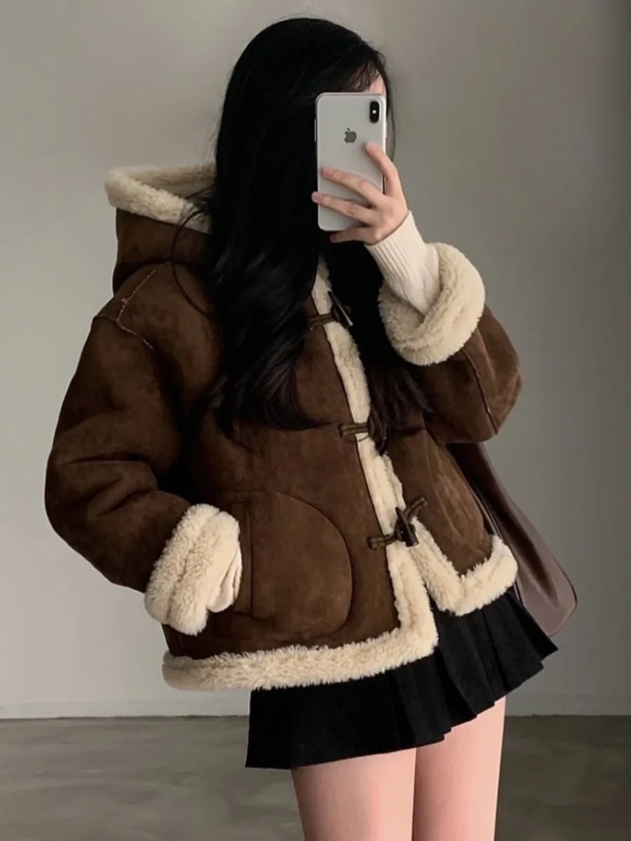 Sli مكافحة الشيخوخة القرن زرر الجلود الفراء Inteated مقنعين Jaet ort Thiened المرأة الملابس القطنية العصرية #2