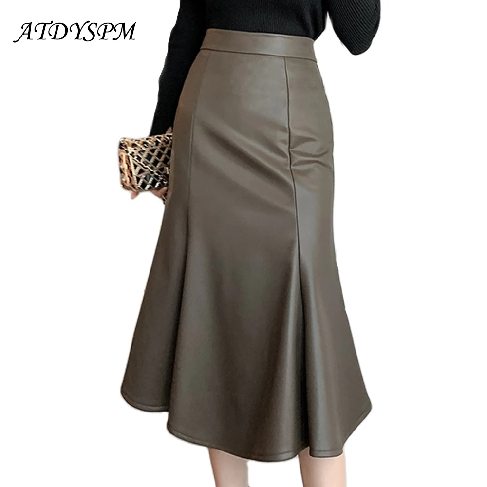 

Autumn Winter PU Faux Leather Skirts For Women 2024 Chic Fashion High Waist Mermaid Skirts Casual Streetwear Midi Skirts