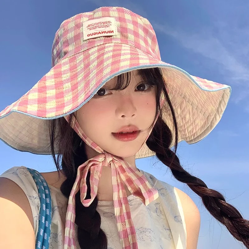 

Reversible Wide-Check Tie-Up Fisherman Hat Summer Outdoor Sun-Protective Sweet Color-Block Checkered Women's Hat