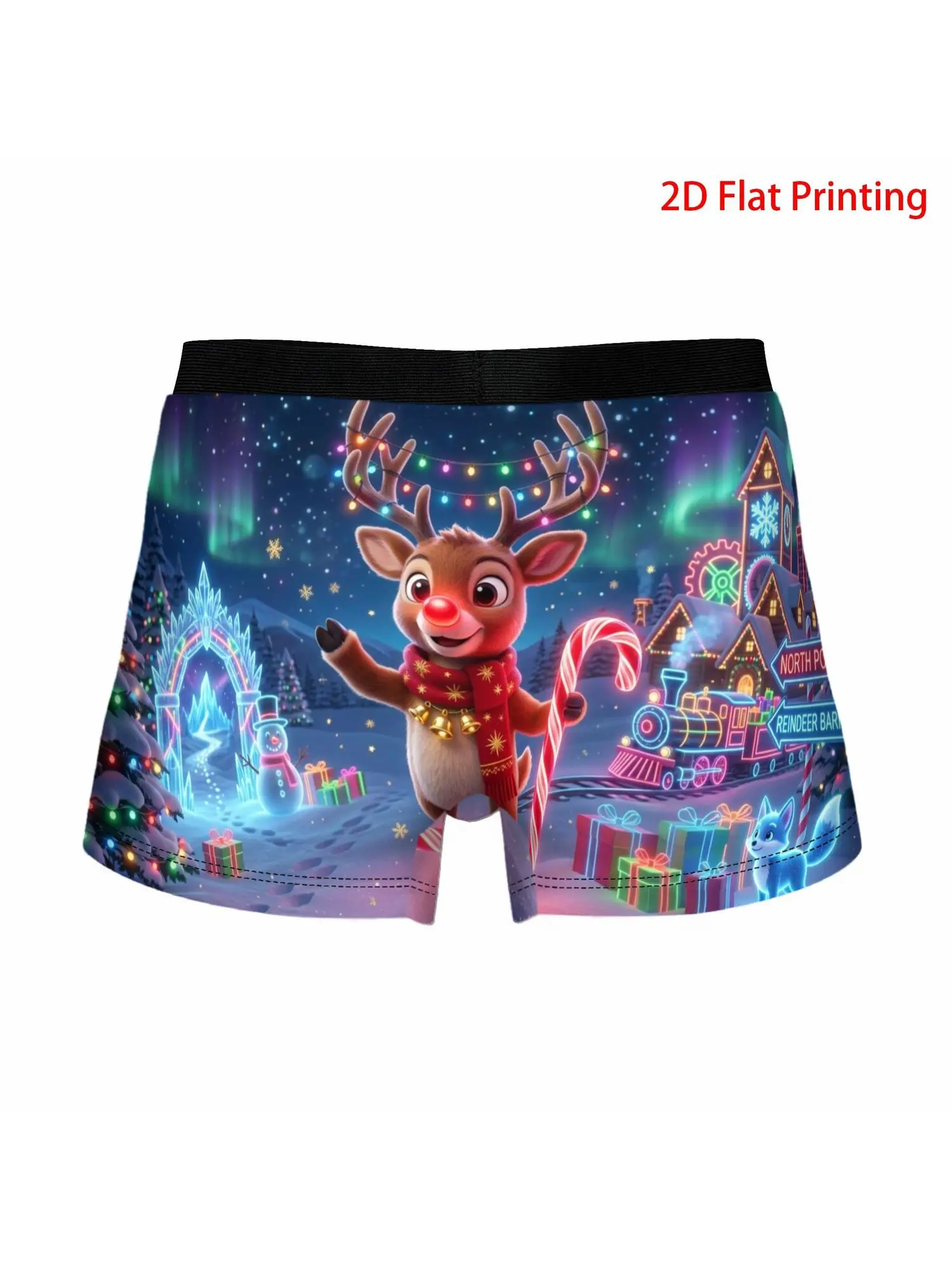 1pc Funny Christmas Neon Reindeer Candy Cane Pattern 2D Flat Printing Underpants Men'S Briefs Ventilated Shorts Boxer Shorts