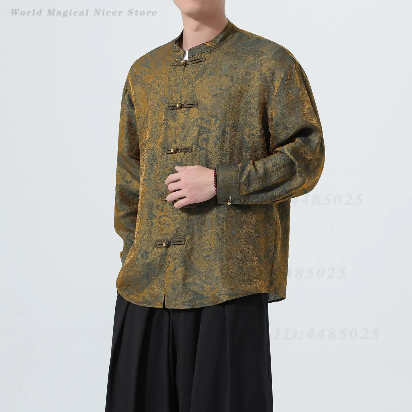 2026 New Men Traditional Chinese Tang Coat, Jacquard Fabric Stand Collar Copper Buttons Loose Plus Size Long Sleeve Retro Casual