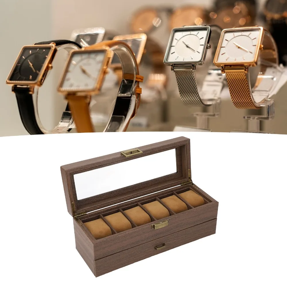 8pcs Black Walnut Wood Watch Holder Organizer Ultra Thin Frame Multiple Slots Watch Display Case PU Leather Double Layer