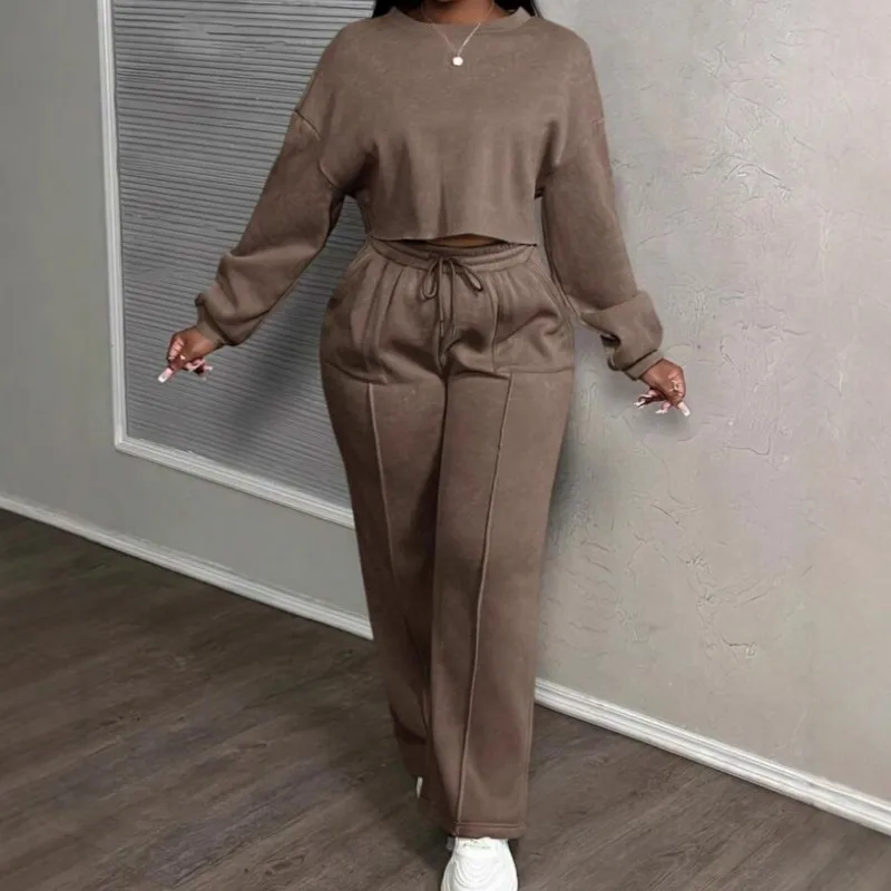 Lässiges, einfarbiges 2-teiliges Set für Damen, modisches Oberteil mit O-Ausschnitt und langen Ärmeln + hochtaillierte, weit geschnittene Hose, Streetwear, Sportkleidung