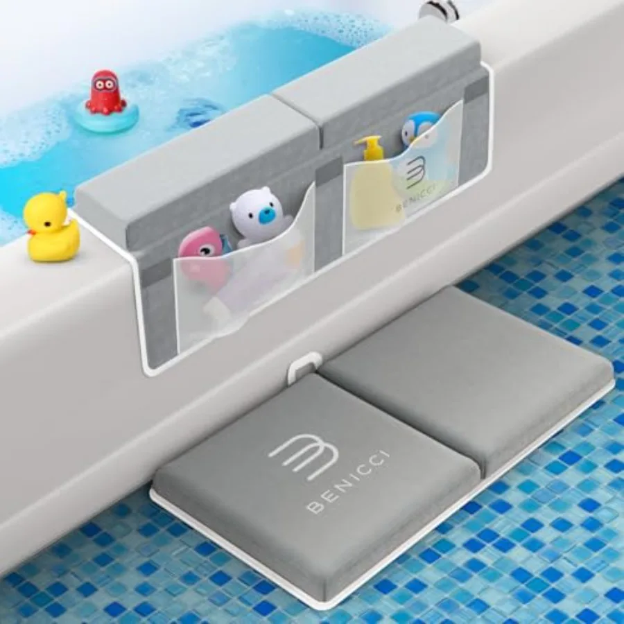 Comfortable Bath Kneeler and Elbow Kneeling Rest Pad for Baby Bathing Parents - Painless Foam Mat with Toy Organizer Pockets -