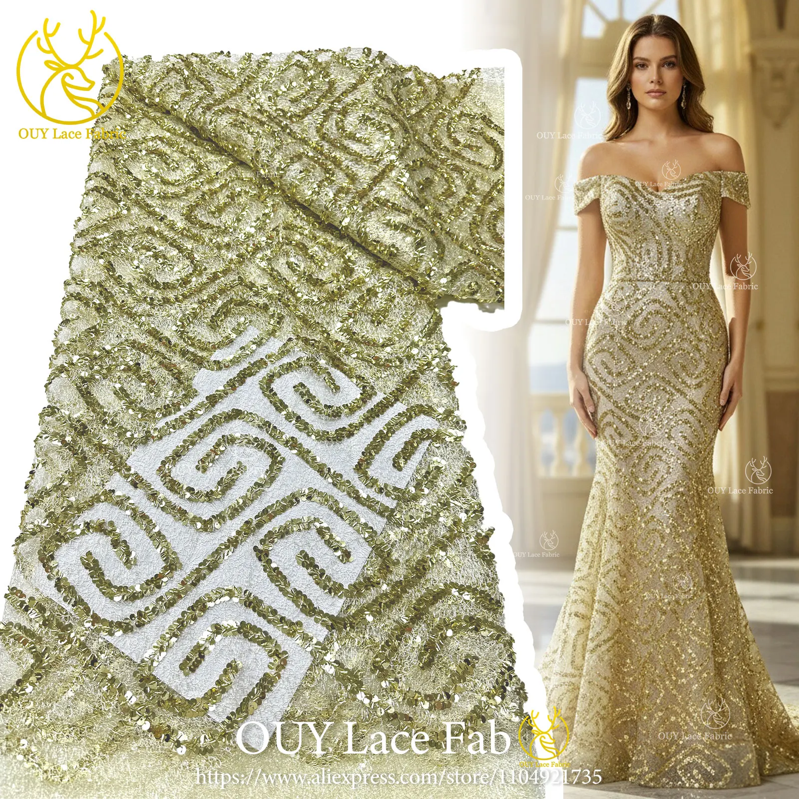 Luxury African Sequin Lace Fabric 2026 Premium French-Nigerian Lace Fabric Suitable for Christmas Party Gown Sewing Material