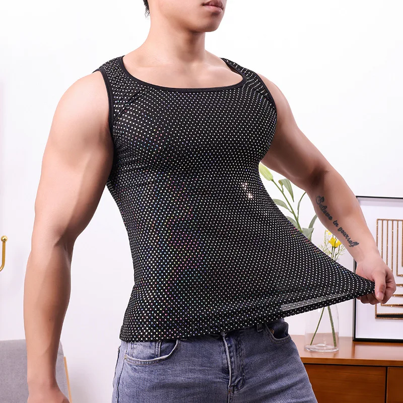 Men's Sparkly Rhinestone Sleeveless Tank Top Mesh Hollow Racerback Vest Slim Nightclub Singer Stage Perform Shiny Gym Muscle Tee