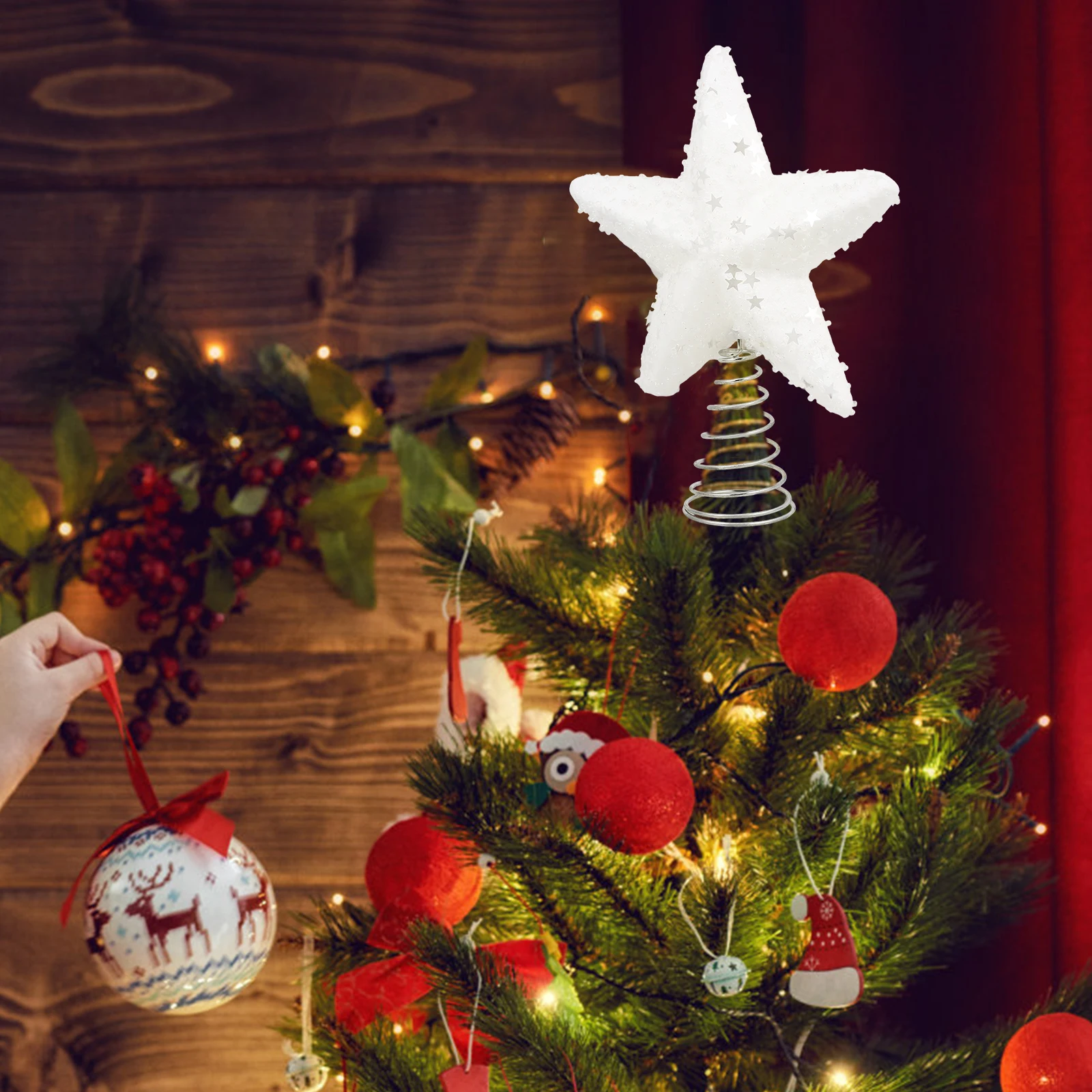 

Christmas Tree Star Top Decoration Holiday Ornament Row of Lights Glitter White