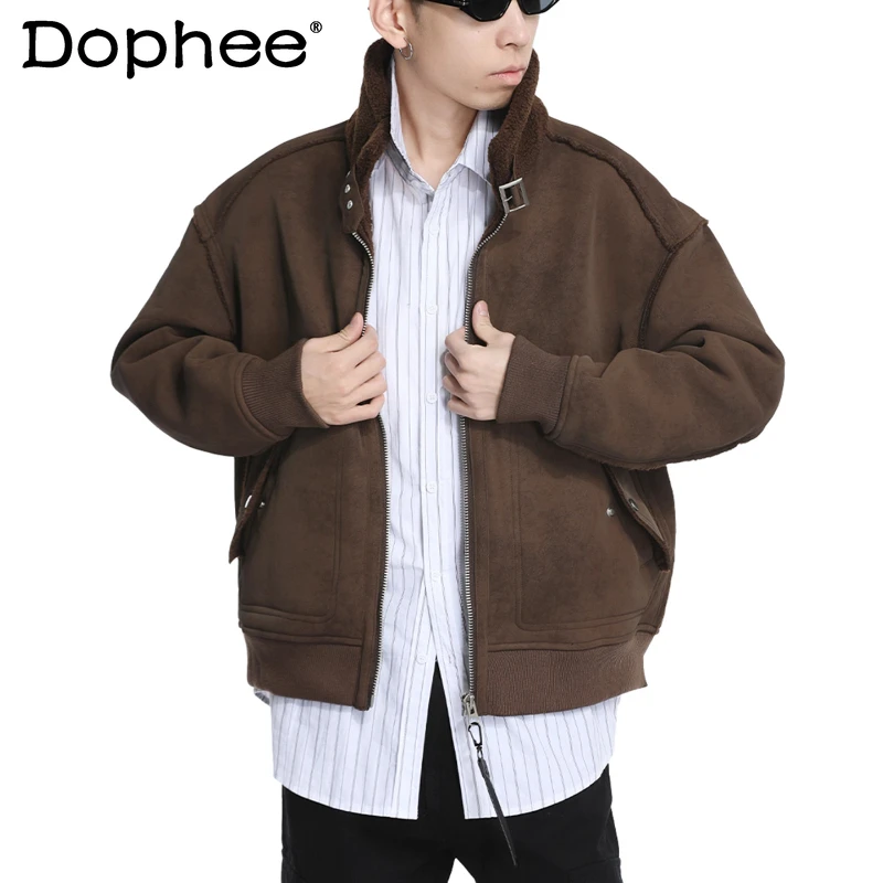 

Men's 2025 Autumn Winter Warm Fur Integrated Jackets Trendy American Style Retro Fleece Lined Thickened Coats Stand Collar Coats